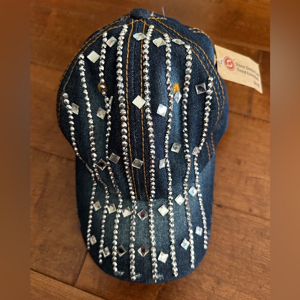 Embellished Denim Cap with Rhinestones